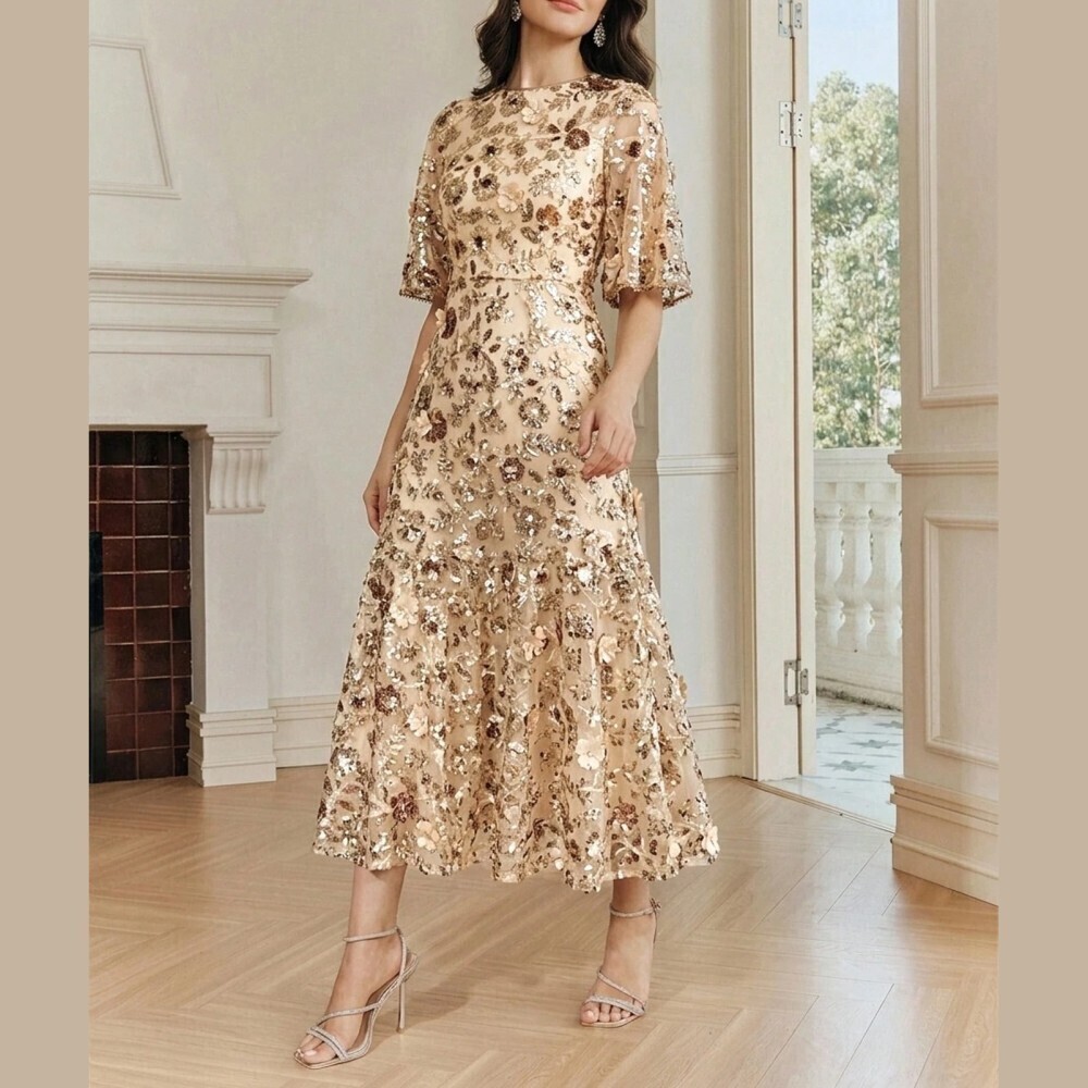 Gold Sequin Floral Embroidered Round Neck Flutter Sleeve Maxi Dress